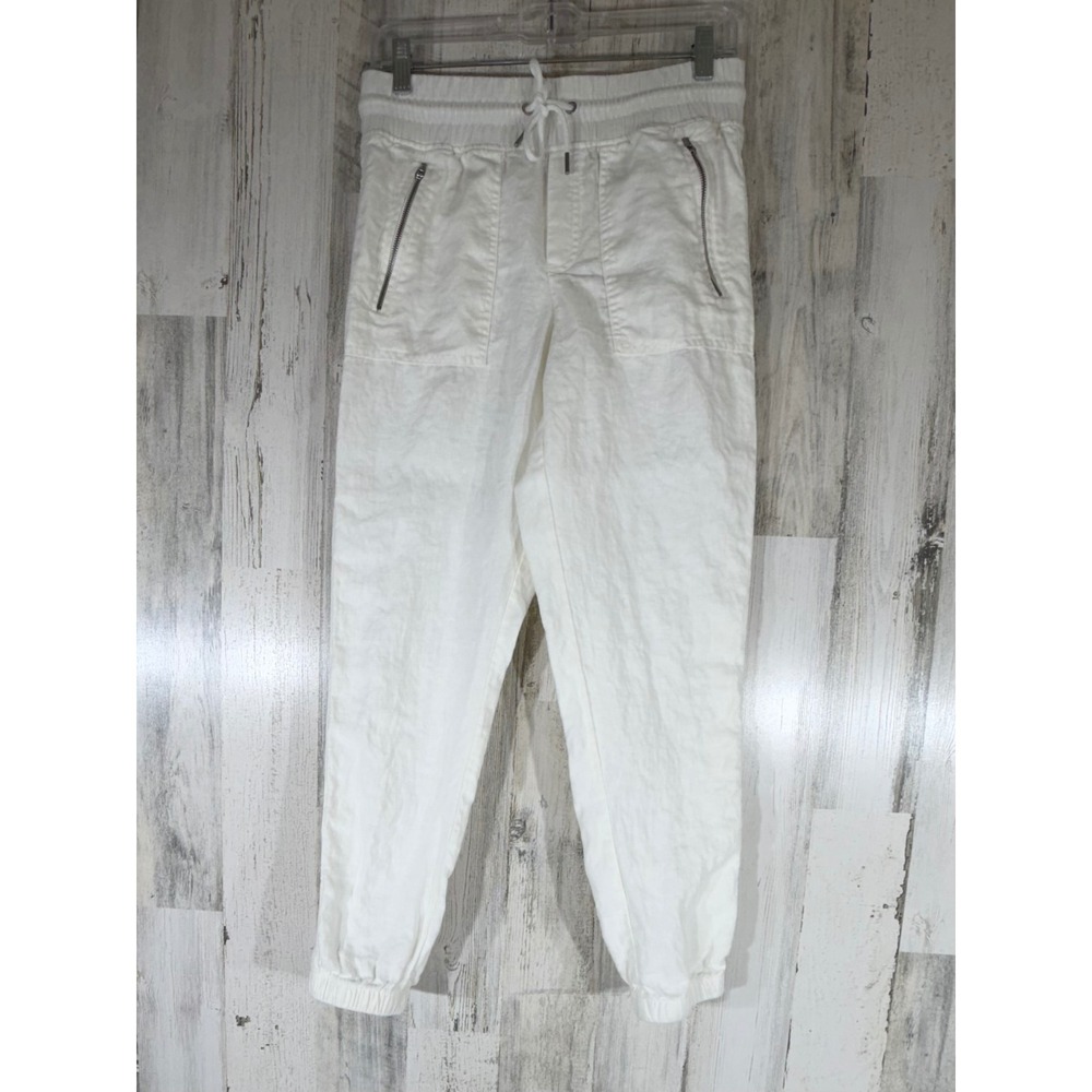 Athleta Cabo Linen Jogger Pants White Size 2 High Rise Drawstring Zip Pockets
